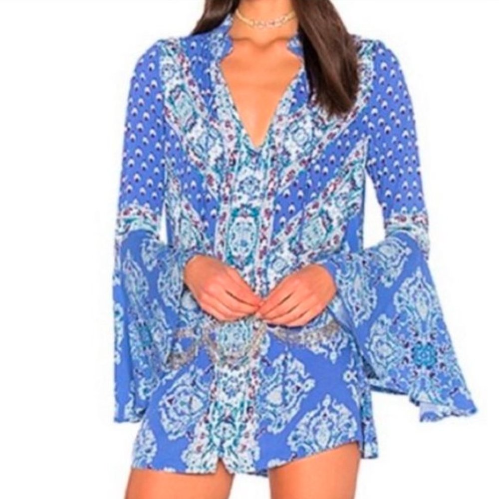 Free People Bell Sleeves Tunic Blue Purple V Neck Blouse